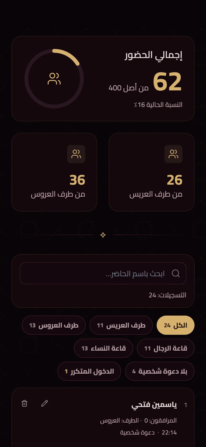 صفحة متابعة الحضور لأصحاب المناسبة