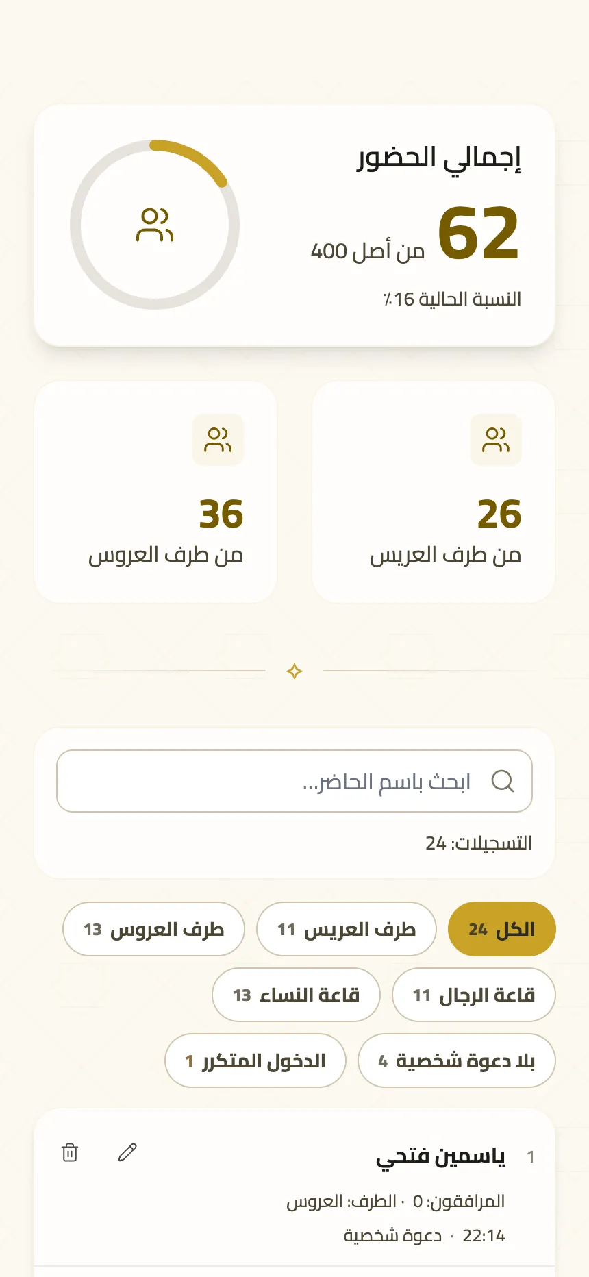 صفحة متابعة الحضور لأصحاب المناسبة